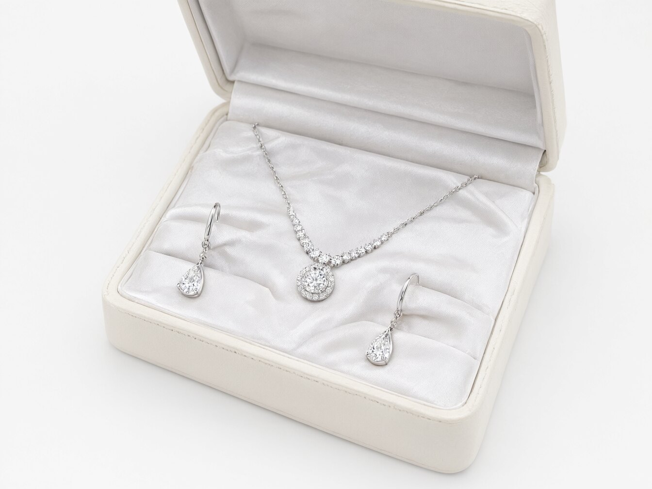 Diamant-Collier und Ohrringe präsentiert im Schmucketui
