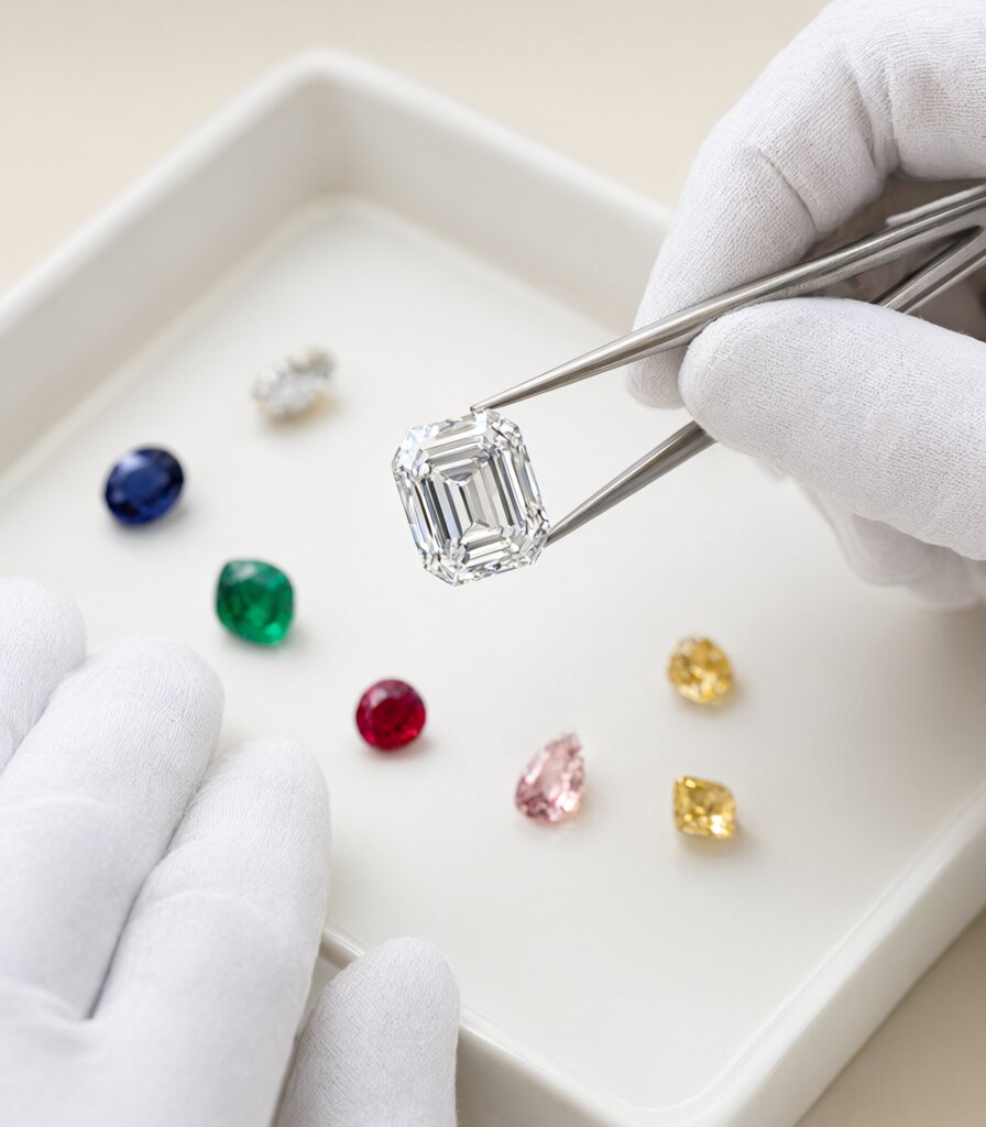 Lose Edelsteine zur handverlesenen Auswahl unter dem Licht der Goldschmiede
